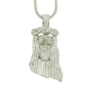 Iced out Jesus head pendant necklace with sparkling white zircons and wheat chain