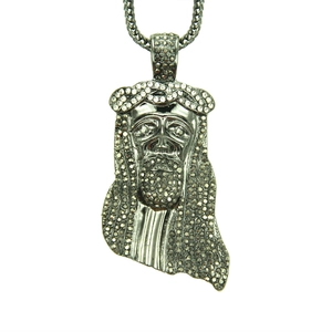 Hip hop iced out Jesus piece pendant with silver rhinestones on long braided chain