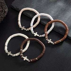 Five-piece set of clay heishi beaded bracelets with silver cross charms for men
