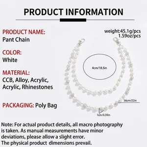 Detailed view of double-layer pearl and rhinestone pants chain with length specifications
