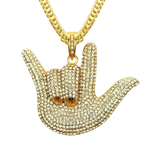 Collier Pendentif Geste de la Main ILY Hiphop pour Hommes Incrusté de Strass Alliage Chaîne Cubaine Bijoux Rock Branchés