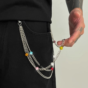 Chaîne de pantalon hip hop multicouche en argent avec boules de strass colorées pour homme