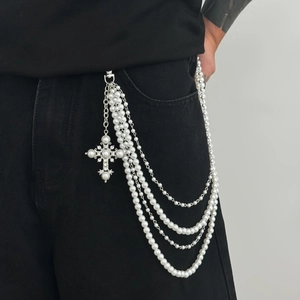 Chaîne de pantalon multi-rangs en perles pour hommes avec pendentif croix argent