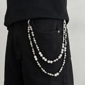 Double Layer Faux Artificial Pearl Rhinestone Metal Bead Pant Chain Waist Belt Accessory Punk Hip Hop Style