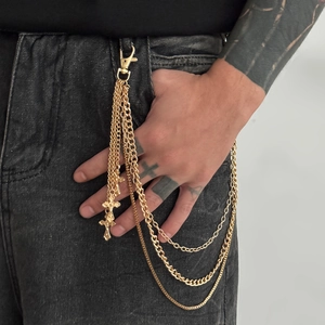 Chaîne de pantalon hip hop dorée multicouche avec pendentifs croix pour homme