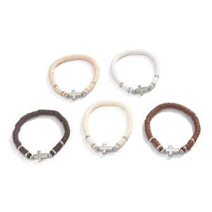 Set of 5 colorful clay bead bracelets with silver cross charms for a hip-hop fashion style
