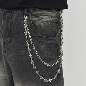 Double-layered silver alloy wallet chain with crosses and vintage embossed balls for men