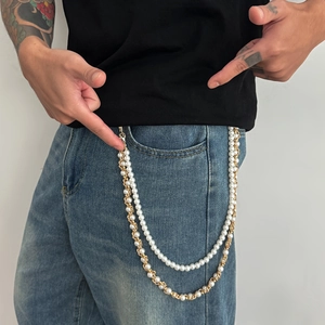 Zweilagige Hosenkette aus Perlen und goldenem Metallglied für modischen Street-Style