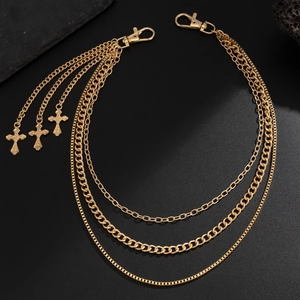 Chaîne de pantalon dorée à trois couches avec pendentifs croix et fermoirs homard