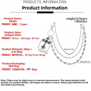 Detailed size chart for the layered silver cross pants chain with measurements and weight