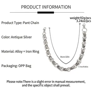 Close-up of 56cm hip hop skull wallet chain in antique silver finish for men
