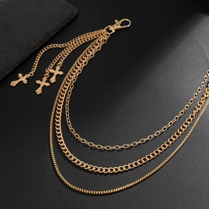 Chaîne de pantalon hip-hop à trois couches dorées avec pendentifs en forme de croix