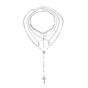 Parure de 4 colliers superposés avec pendentifs croix pour homme style hip-hop