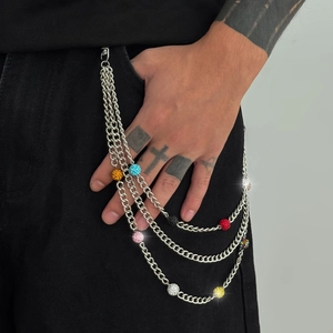 Chaîne de Pantalon Triple Couche Hip Hop Hommes Femmes Alliage Argent Strass Boule Disco Colorée Chaîne de Portefeuille Décorative Streetwear Punk