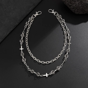 Punk style silver double-layer trousers chain with skull beads and cross pendants