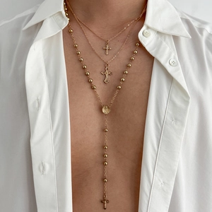Parure de Colliers Multi-couches pour Hommes en Alliage Or Argent Croix Médaille Vierge Marie Pendentif Chaîne Chapelet Hip Hop