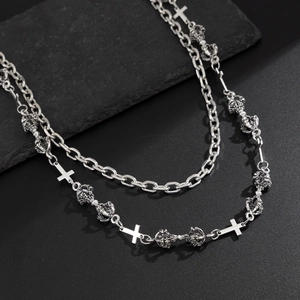 Close-up of double-layer punk hip-hop pants chain with cross and crown charms