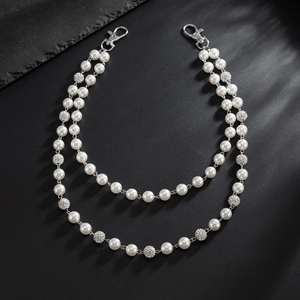 Men's retro double-layer pearl and rhinestone bead trousers chain with silver lobster clasps