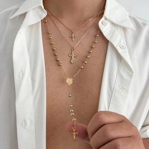 Ensemble de 3 colliers dorés pour hommes avec pendentifs croix et perles de rosaire