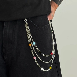 Chaîne de pantalon triple en métal argenté avec perles de strass colorées pour style hip-hop