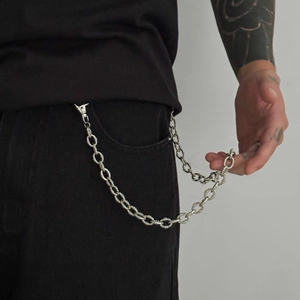 Men's retro O-ring chain trousers accessory with textured silver metal links