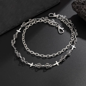 Gothic hip-hop pants chain with silver double layer cross and crown charms for men