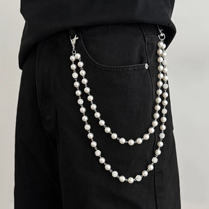 Double-layered pearl and rhinestone trousers chain with silver metal clips for men