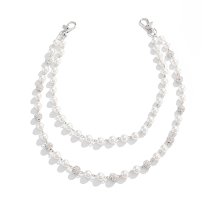 Double-layered pearl and rhinestone trousers chain with silver metal lobster clasps