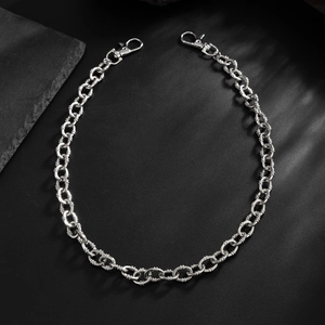Mens heavy duty silver O-chain trouser chain with double lobster clasps on black background
