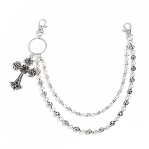 Men's silver multilayered hip hop wallet chain with gothic cross pendant and floral charms