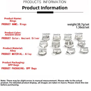 Size chart for ancient silver 11-piece ring set showing diameters and alloy material