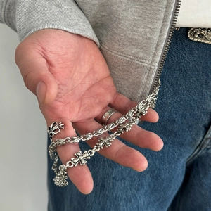 Hip hop double layer cross pant chain with vintage floral silver finish for men street style