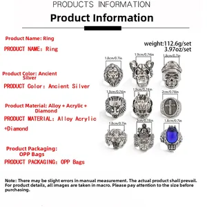 Size guide for 9-piece vintage men's ring set showing weight and width dimensions
