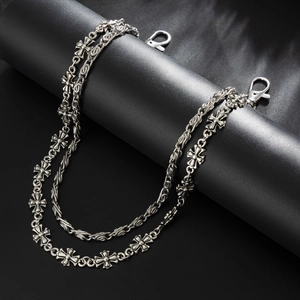 Gothic hip hop silver layered wallet chain with cross link and twisted metal design