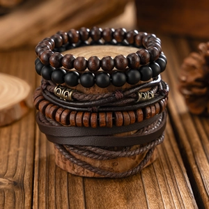 Detailed close-up of retro multi-layer men's beaded bracelets with wood and leather