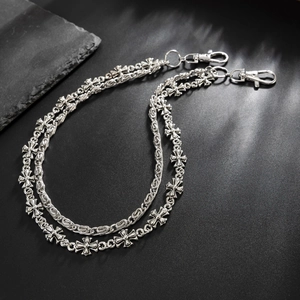 Double-layered silver pant chain with cross pattern links and vintage hip-hop style