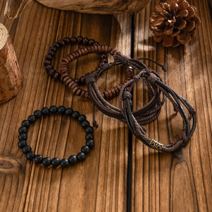 5-piece vintage men's bracelet set with wood beads and leather ropes on rustic background