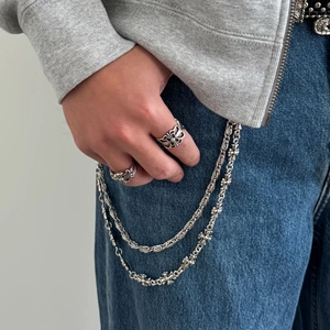 Men's punk silver cross flower rings and double-layer hip-hop wallet chain accessory