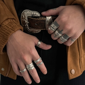 Vintage silver-tone open ring set for men with engraved feathers and textured bands