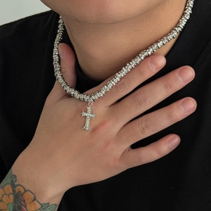 Collana da Uomo Con Pendente a Croce Gotica in Lega Con Strass Icy Pave Catena a Sfere Hip Hop Streetwear Argento Gioielli