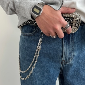 Men's double-layered vintage silver cross chain with hip hop style engraved rings