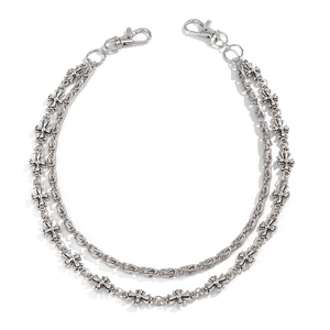 Double-layered silver metal pants chain with decorative crosses and lobster clasps
