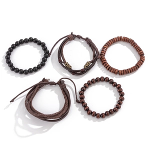 5-piece men's vintage beaded bracelet set with braided leather and ethnic wood accents