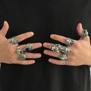 Men's 9PCS Vintage Punk Ring Set Retro Gothic Lion Tiger Skull Cross Blue Rhinestone Ancient Silver Alloy Ring For Men