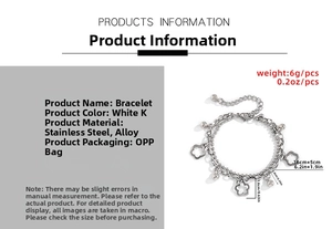 Detail of double-layer stainless steel bracelet with flower charm and size specifications