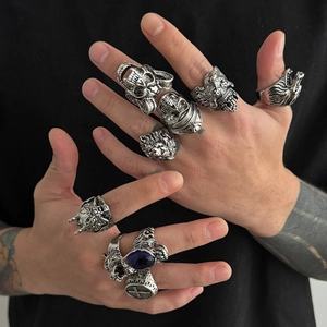 9-piece set of men's gothic lion and wolf rings with blue gemstone in vintage silver finish