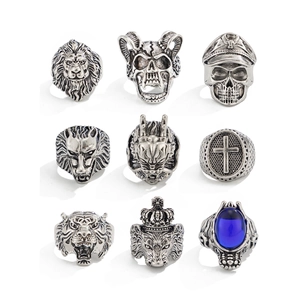 9-piece set of men's vintage gothic rings with lion, tiger, skull and cross motifs