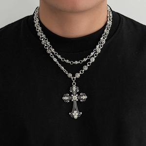 Men's double-layered gothic cross pendant necklace with sparkling diamonds