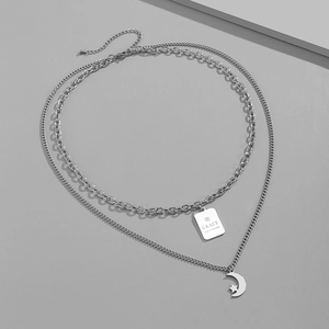 Double layer stainless steel necklace with moon star pendant and engraved metal tag