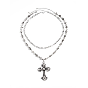 Double-layer silver vintage cross necklace with rhinestone pendant and gothic accents